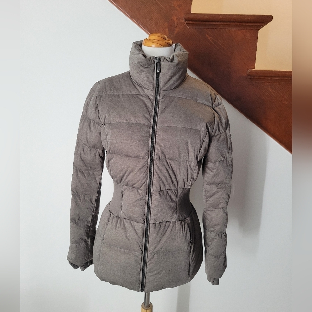 BCBGMaxazria Women's Down Puffer Jacket Mock Neck Cinched Waist Warm Winter Coat